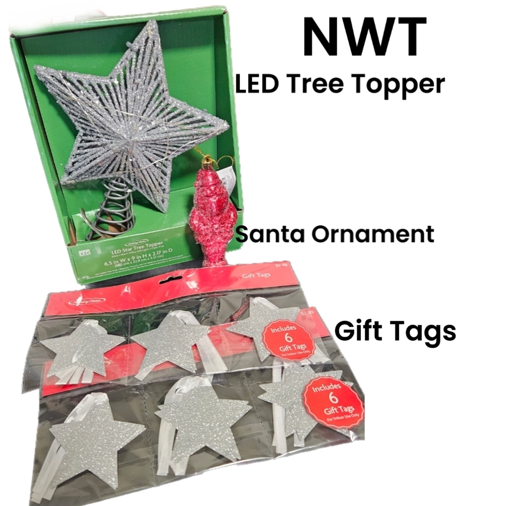 Holiday Home NWT LED Silver Tree Topper, Santa Ornament, Star Gift Tag Bundle